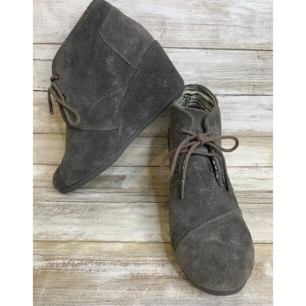 Toms Ankle Wedge Booties Solid Gray Suede 8.5‎ Laced Up #300716